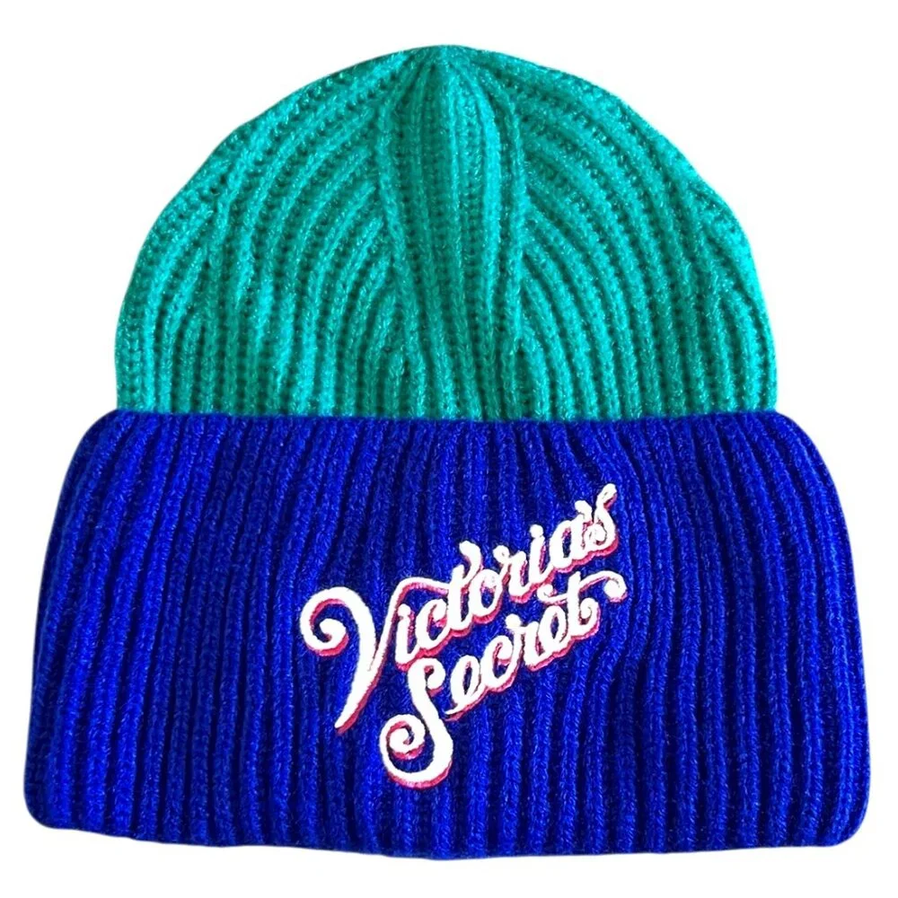 Victoria's Secret NEW Knit Logo Beanie Hat In Green & Blue